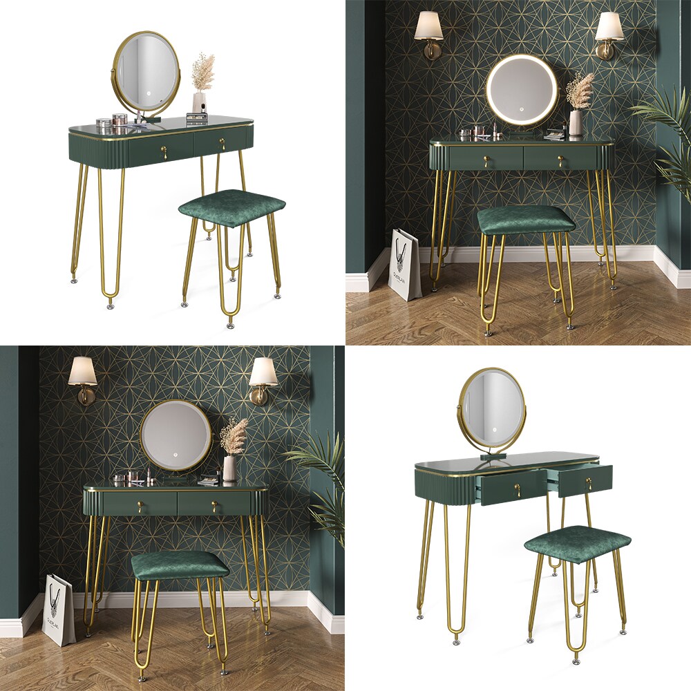 Vicco Schminktisch Frisiertisch Schminkkommode Grace Dunkelgrün Hochglanz LED-Spiegel Hocker 100x126 cm modern Schlafzimmer Kommode Schublade Ablage Aufbewahrung Kosmetiktisch Schminkkonsole Make-Up-Tisch