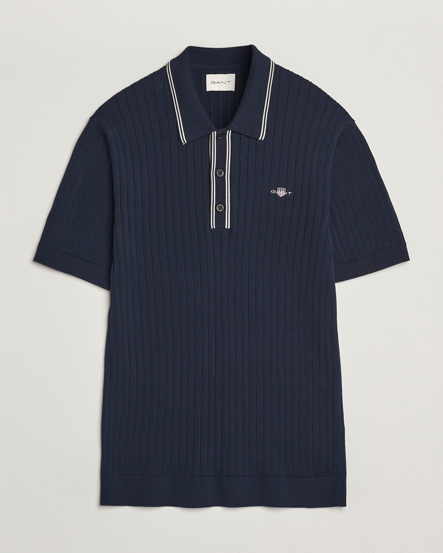 GANT Ribbed Cotton Knitted Polo Evening Blue