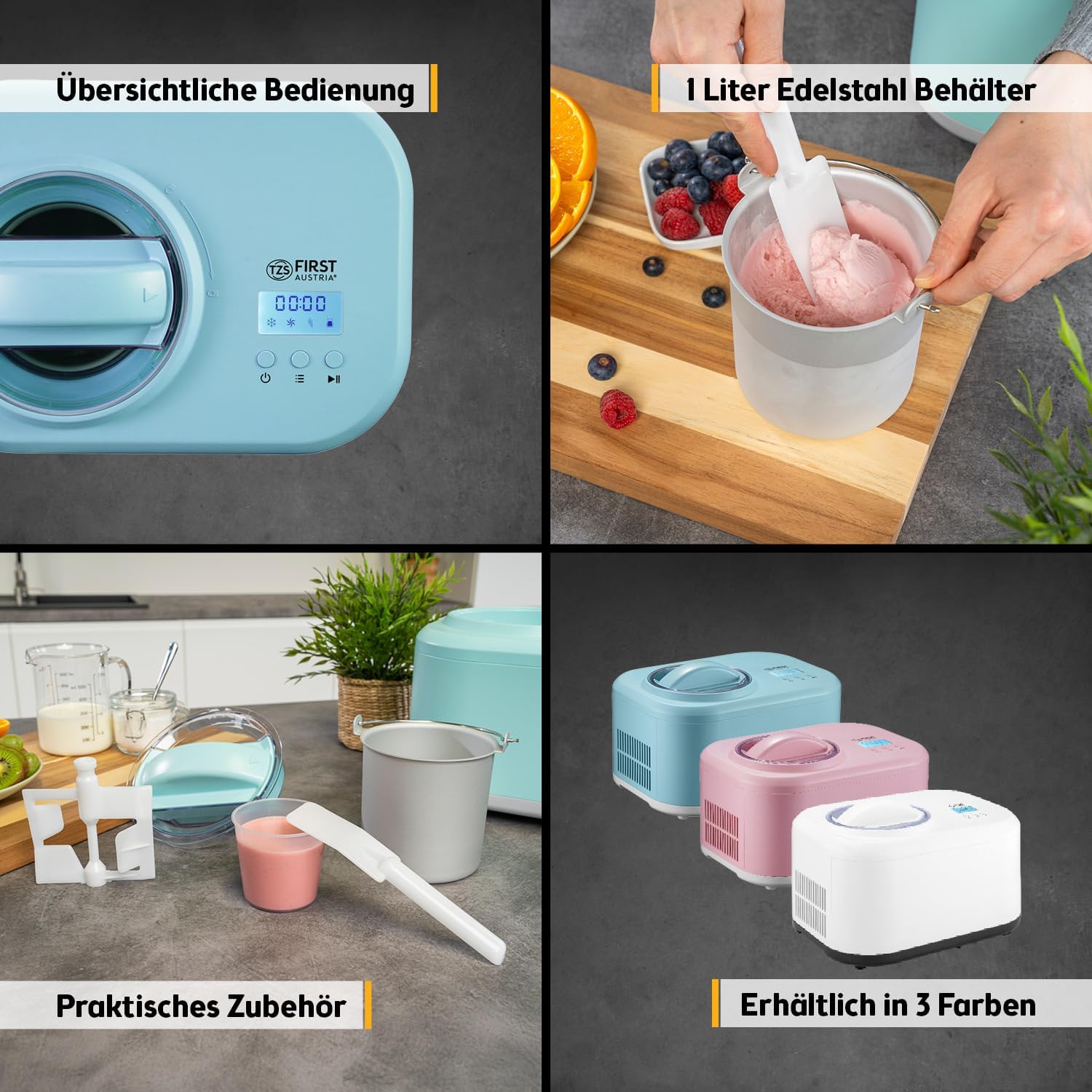 TZS First Austria - Eismaschine 1L mit Kompressor 3 in 1 - Ice Cream Maker 100W selbstkühlend für Frozen Joghurt, Sorbet & Eiscreme - Kleine Speiseeismaschine inkl. Messbecher & Spatel - mint