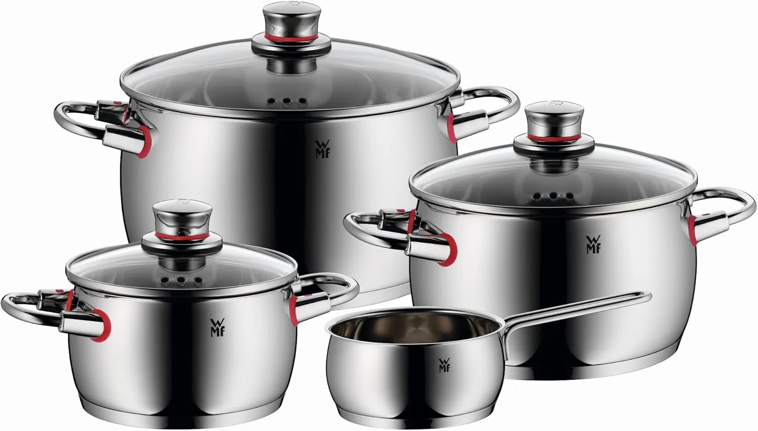 WMF Quality One Topfset Induktion 4-teilig, Kochtopf Set mit Glasdeckel, Cromargan Edelstahl poliert, Induktions Töpfe Set unbeschichtet, Dampföffnung