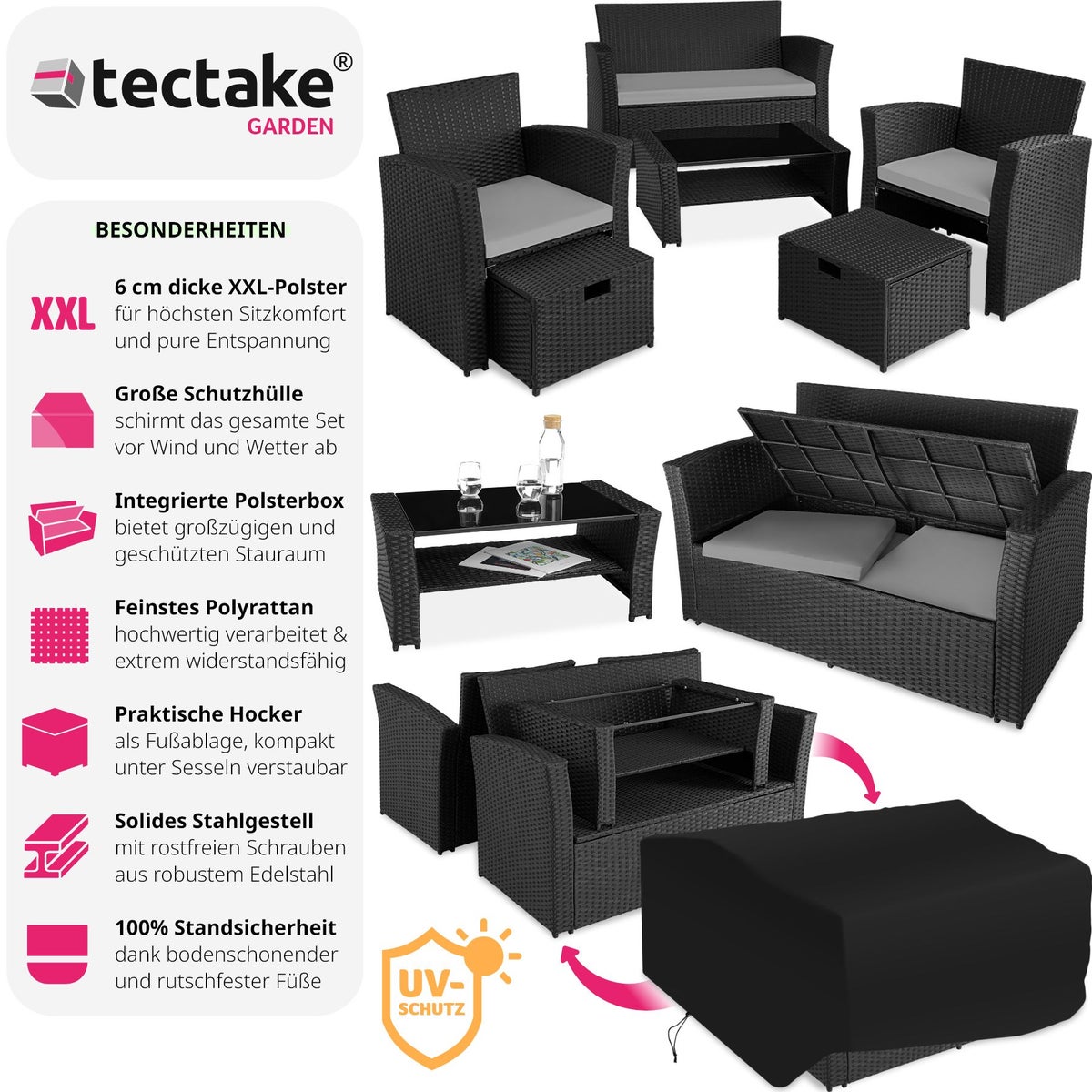 tectake Modena rotan zitgroep voor 4 tot 6 personen inclusief opbergvak en beschermhoes