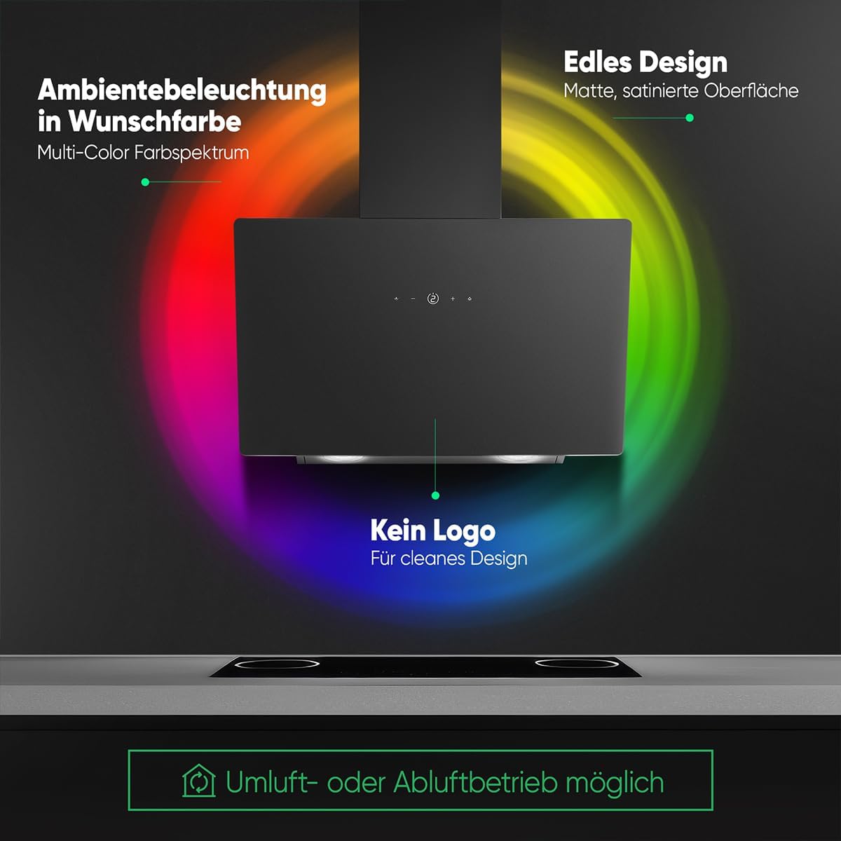 Bomann Dunstabzugshaube 60cm, bunte Beleuchtung, Abzugshaube 60cm Umluft & Abluft, leise Kopffreihaube, inkl. Montage-Material, Dunstabzugshaube Umluft Abluft DU 7611 G