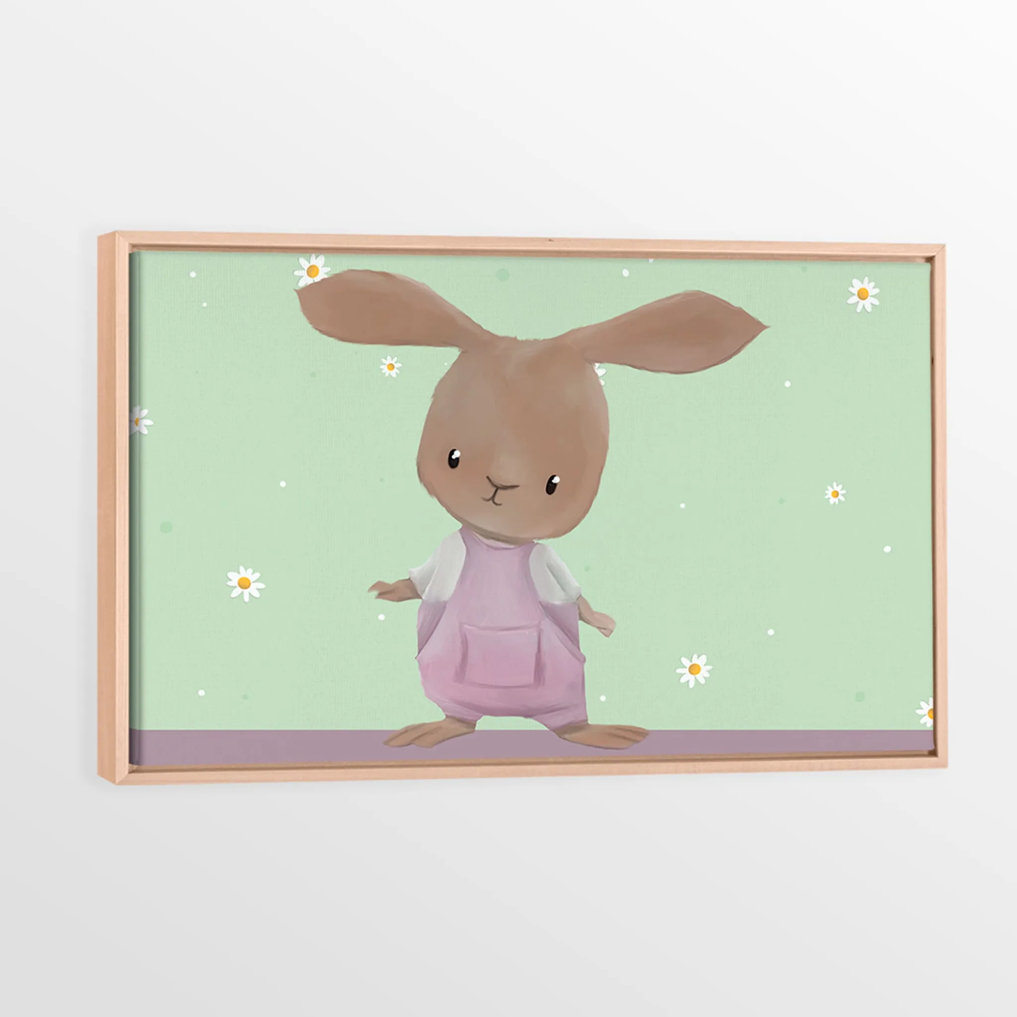 Oleka Toile avec Cadre en Bois Naturel - Lapin en salopette