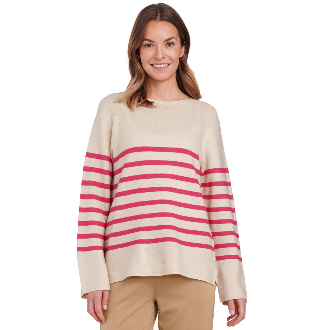 Gina Benotti Damen Feinstrickpullover mit Streifenmuster beige / pink