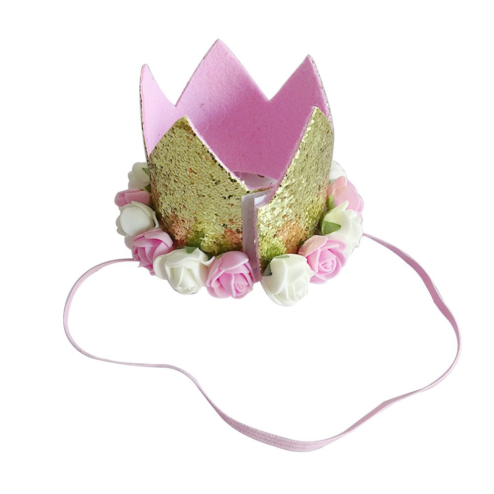 (26x7cm) Glitzer Party Krone 1. Kinder Geburtstag Filz Krone Accessoire - Gold / Rosa / Weiss