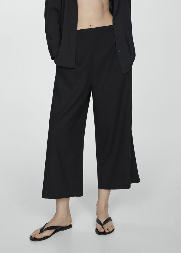 MANGO Wideleg linen trousers Black