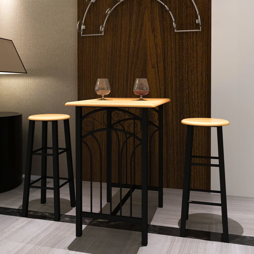Ontbijttafel met krukken, lichtbruin hout en zwart staal