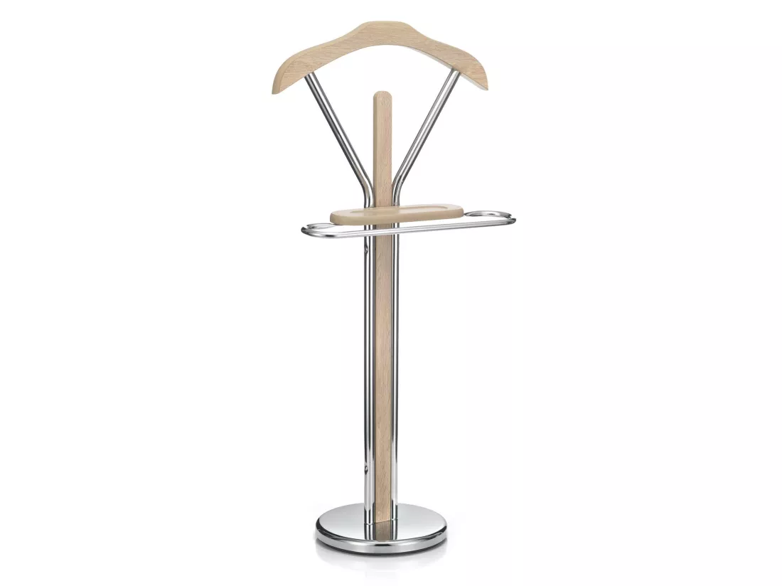 Valet de chambre GREGOR chevalet de nuit portant pour vêtements, structure en métal chromé et finition en MDF décor chêne sonoma