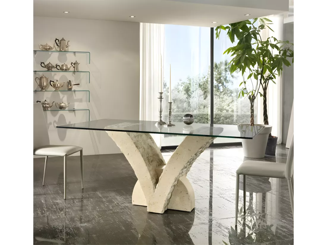 Papillon Table fixe (180 x 100 Transparent) en verre trempé beige