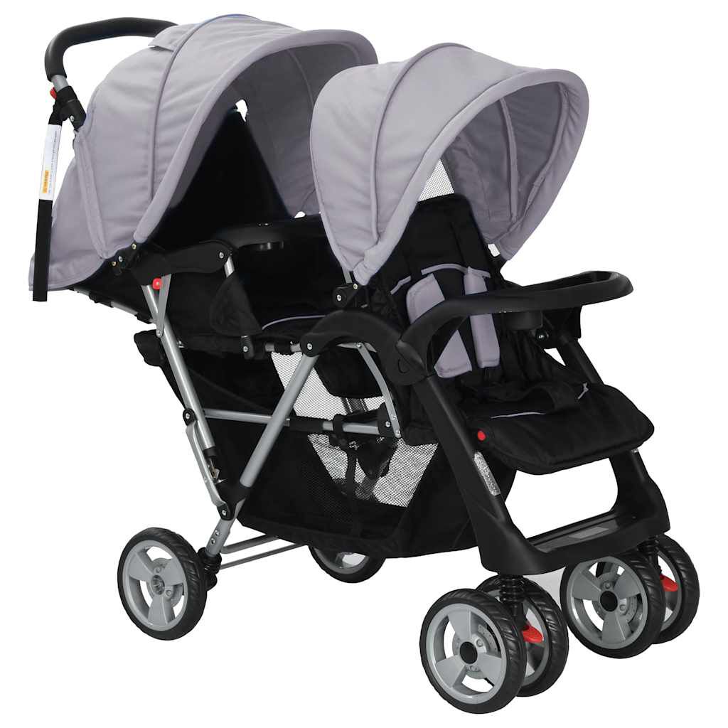 vidaXL Tweelingkinderwagen, Tandem, Grijs en Zwart