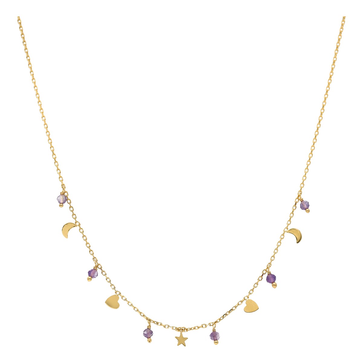 Collier Argent Doré Pampilles Lune Coeur Et Pierre Améthyste