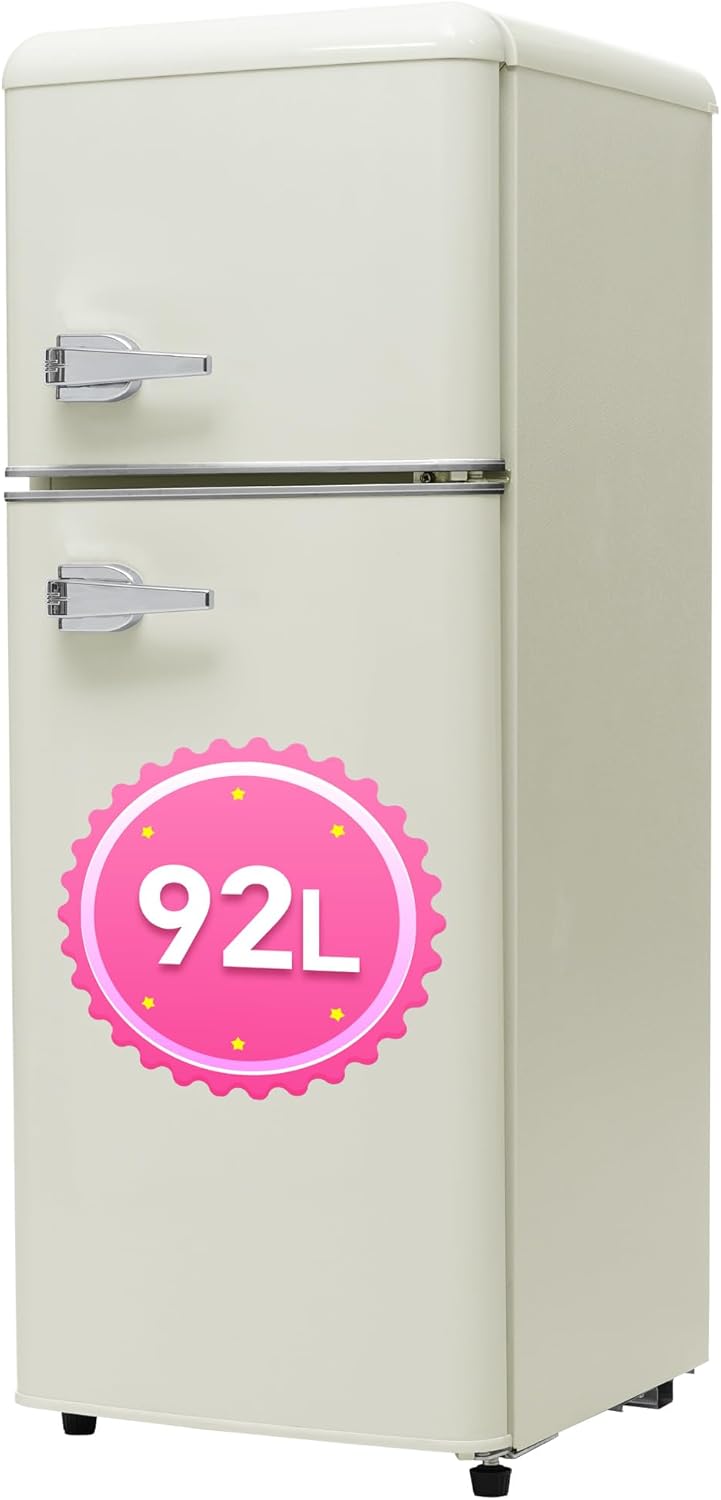 Retro-Kühlschrank, Kühlschrank mit Gefrierfach Klein, 92 Liter 105.5 cm Hoch, 41 cm Breit, Zweitürig, 28 Liter Gefriervolumen, 181 kWh/Jah