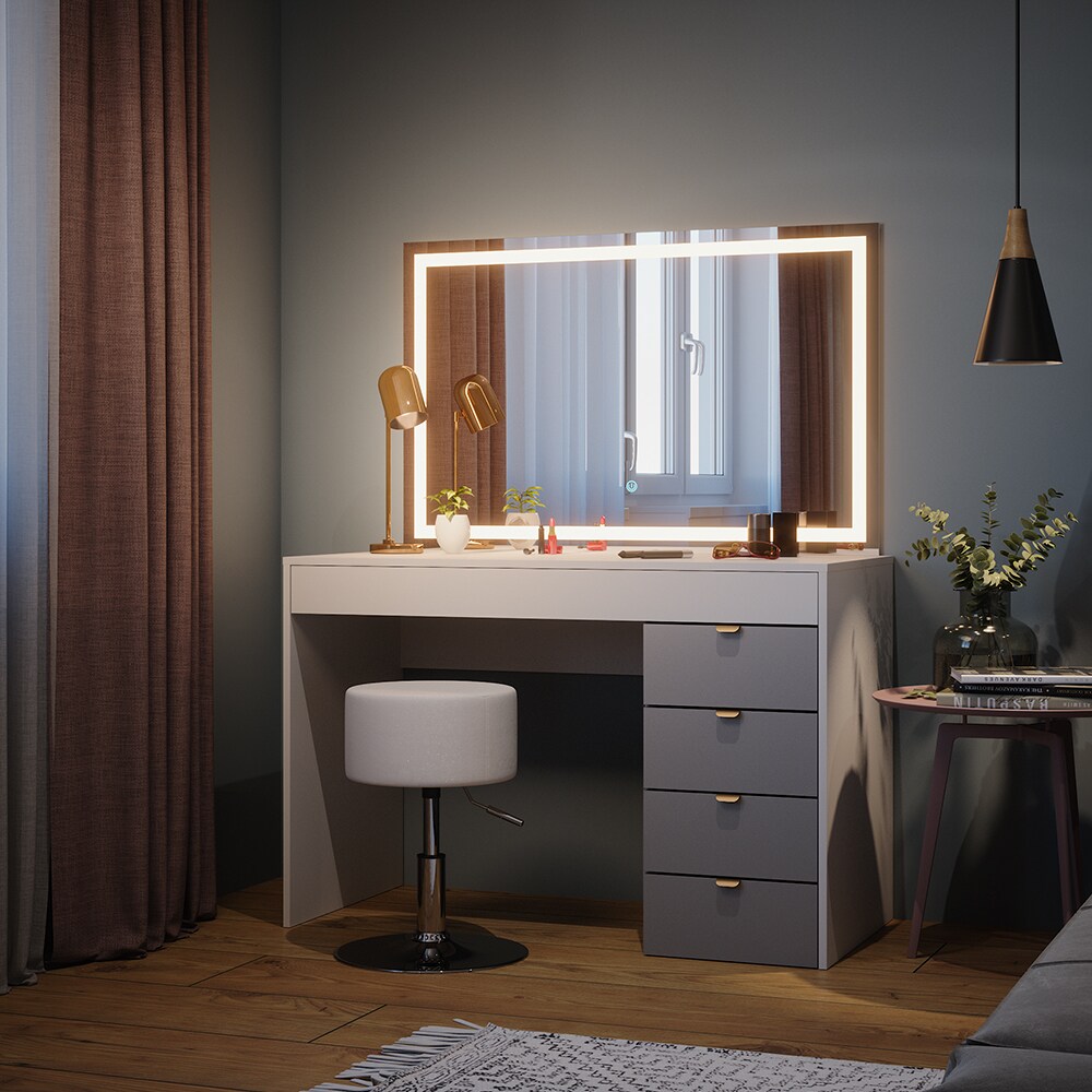 Vicco Schminktisch Elise Weiß Grau 115 x 76 cm modern Frisiertisch Schubladen LED-Spiegel Hocker