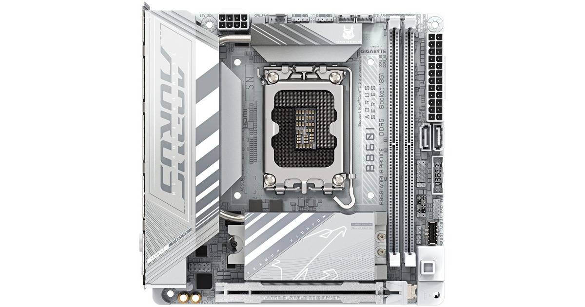 GIGABYTEB860I AORUS PRO ICE socket 1851 moederbord  (Zilver, RAID, 2.5Gb-LAN, Wi-Fi 7, BT, Sound, Mini-ITX)