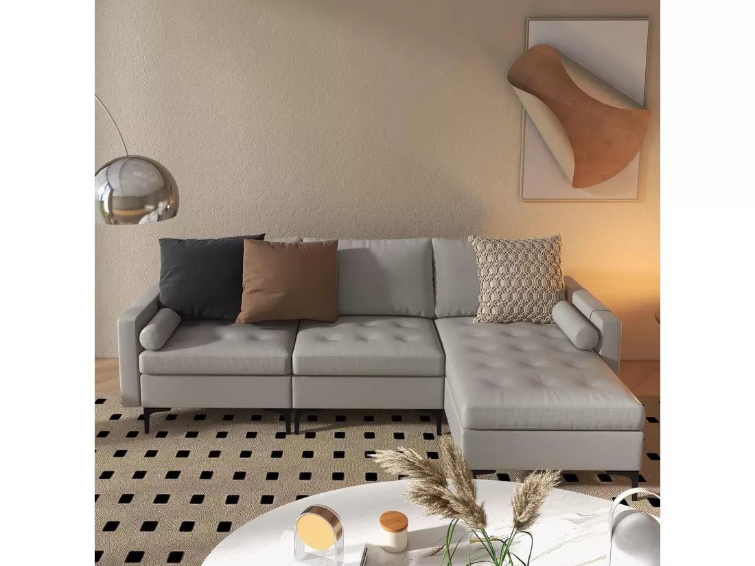 Canapé Convertible à 3 Places, Canapé d'angle en Cuir Aérien avec 2 Ports USB, Gauche ou Droite, 3 Coussins, 2 Traversins, Chaise Longue Moderne pour Salon, Bureau