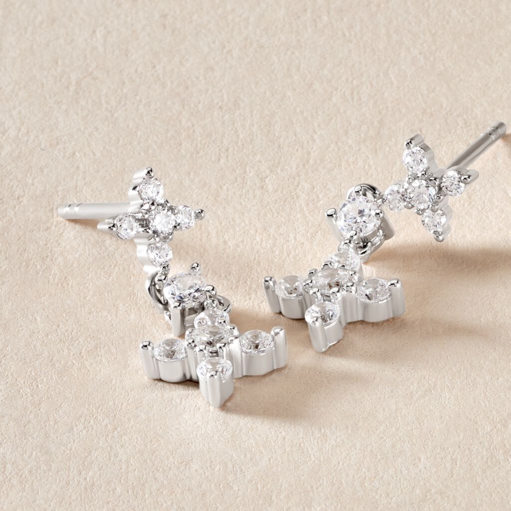 Boucles D'oreilles Pendantes Midnight Flower Argent Blanc Oxyde