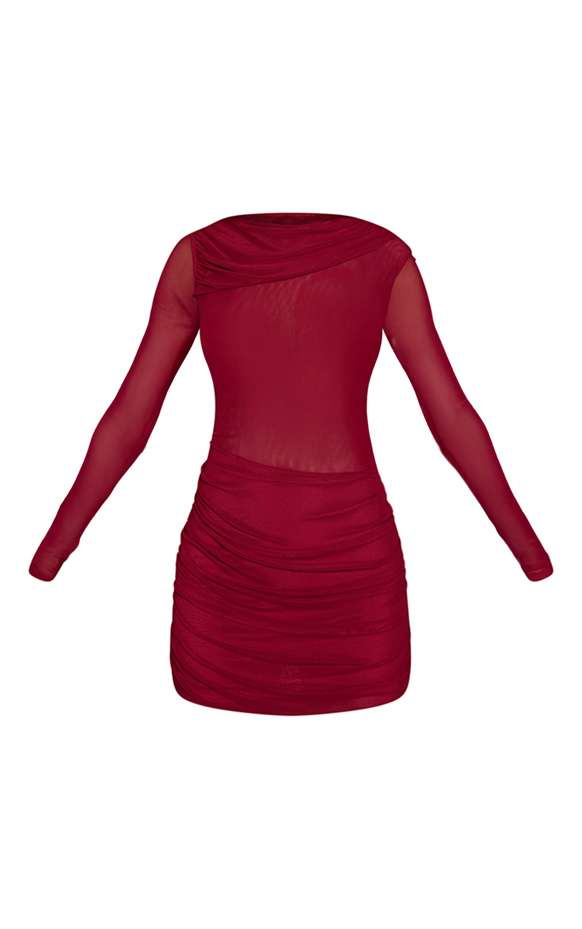 Rouge Bordeaux Robe Courte Drapée À Manches Longues En Maille