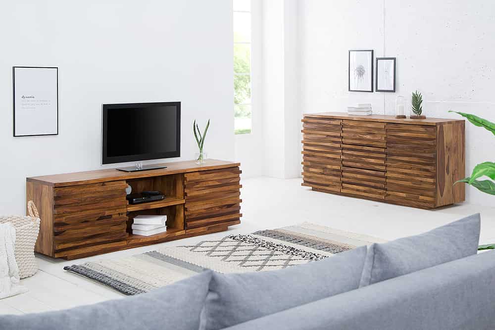 Massivholz Sideboard RELIEF 160cm braun Sheesham stone finish Kommode mit Schubladen