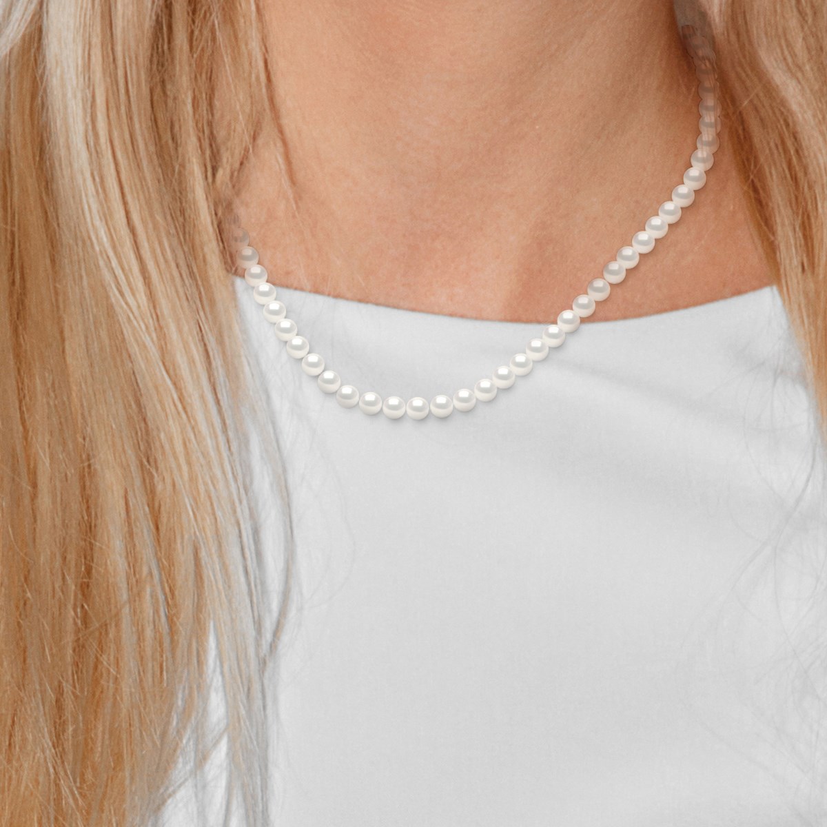 Collier Rang PRINCESSE Perles d'Eau Douce Rondes 6-7 mm Blanches Fermoir Prestige Or Jaune