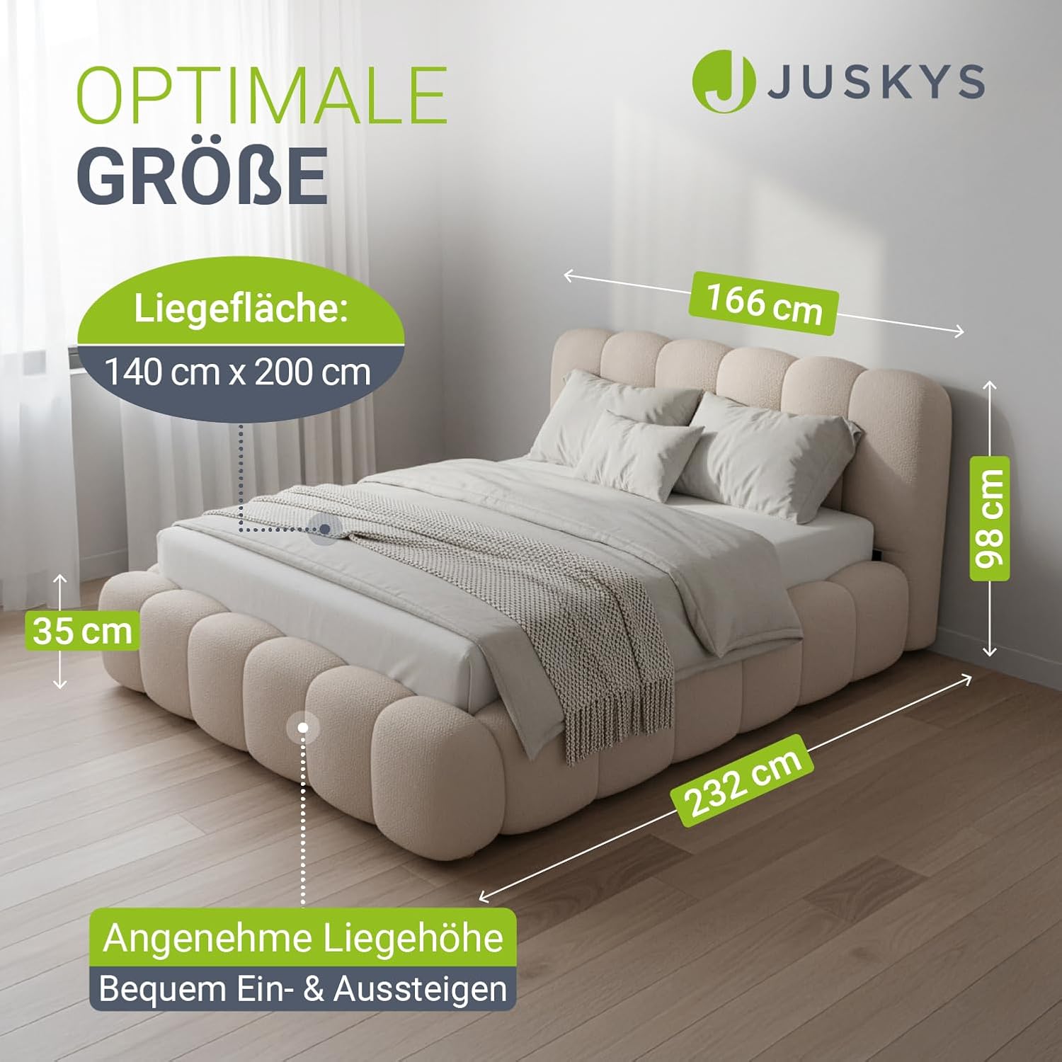 Juskys Polsterbett Catania - Modernes Bubble Design, gepolstertes Kopfteil, stabile Kontruktion- 140 x 200 cm - Beige