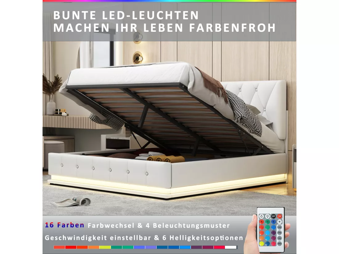 Lit coffre 140x200 cm avec tête de lit diamant, éclairage LED et coffre de lit, relevage hydraulique, sommier à lattes, lit adulte style contemporain, simili cuir - Blanc