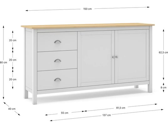 CONCEPT1 - Bahut Buffet Misti 2P3T blanc chêne 150 x 40 x h80,5cm