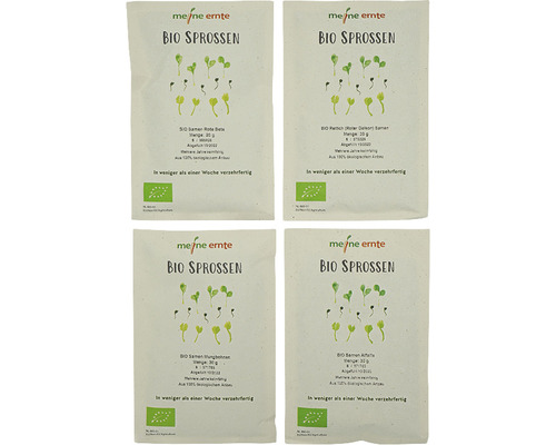 Biologische kiemzaden, mijn oogst kiemset 'Green Power', 4 stuks, radijs, mungbonen, rode biet en alfalfa