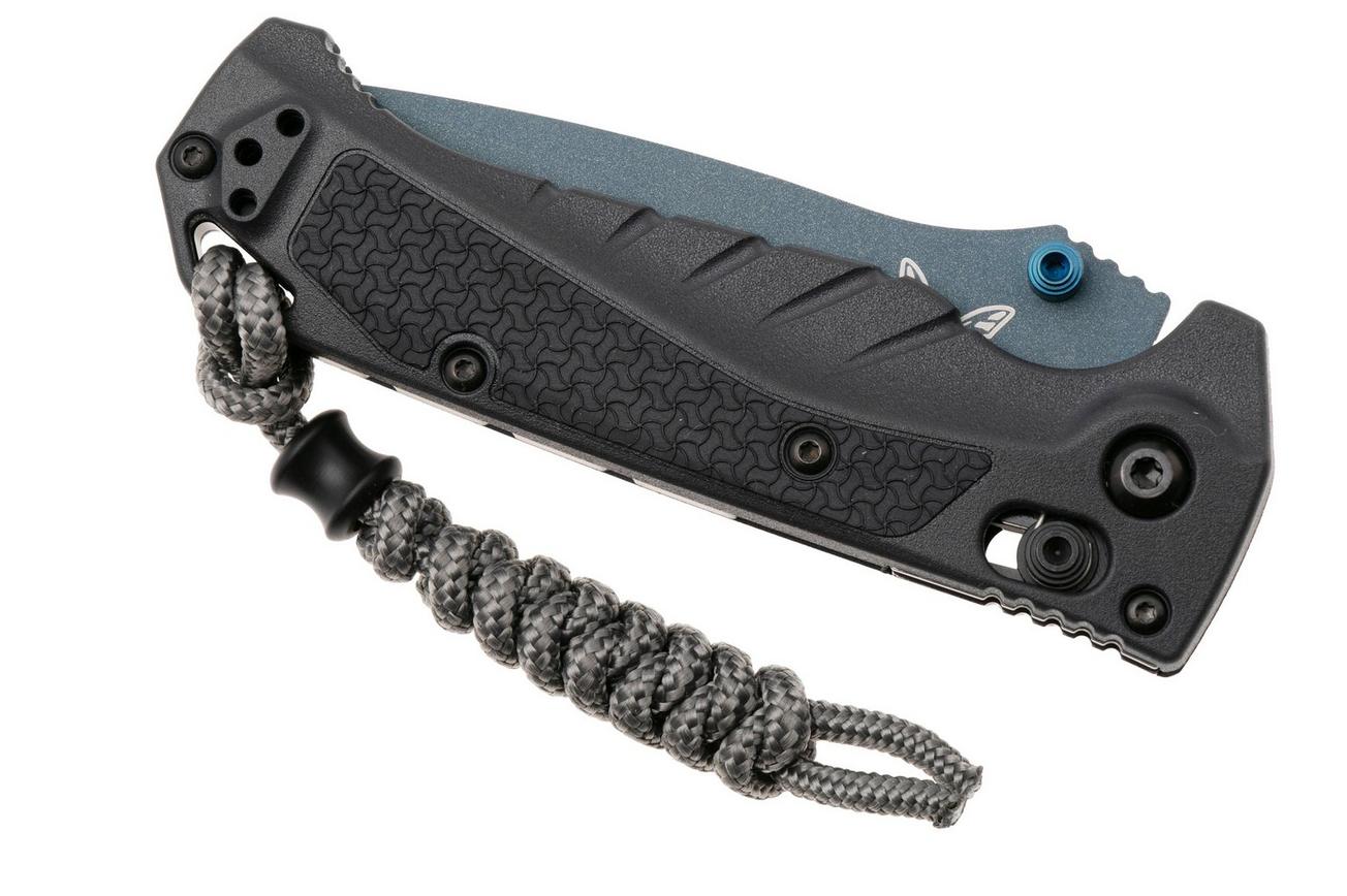 Benchmade Mini Adira 18065SBT-01 Blue Titanium Cerakote CPM MagnaCut, Tempest Gray Grivory, Serrated zakmes