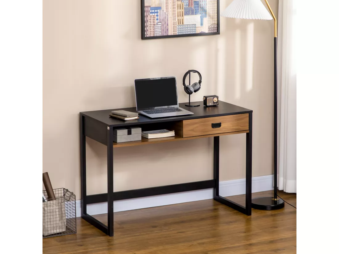 Bureau style industriel casier tiroir coulissant panneaux MDF noir aspect noyer