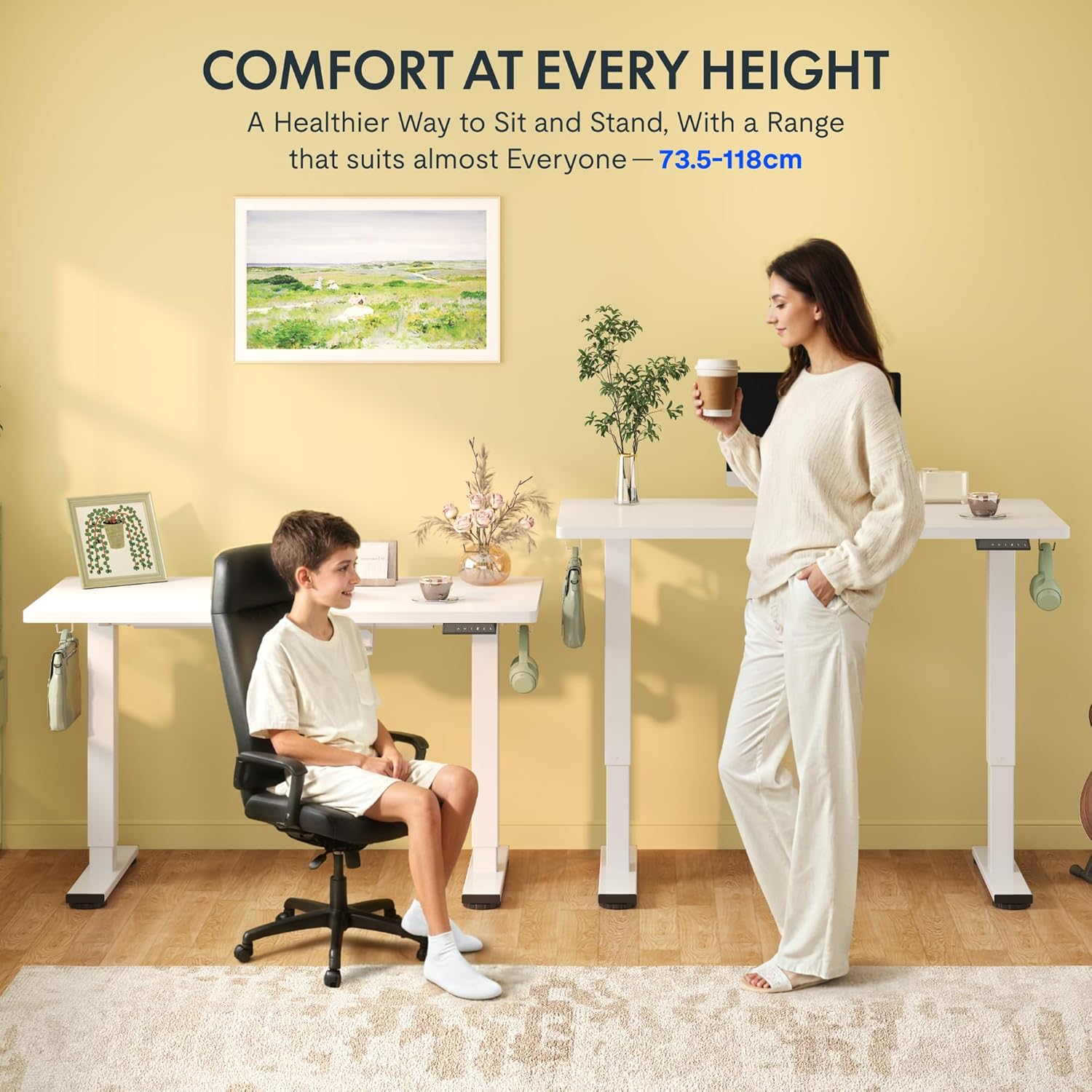 FlexiSpot Höhenverstellbarer Schreibtisch Basic–Mit Kabelmanagement, Haken und EINTEILIGER Tischplatte, Ergonomischer Homeoffice-Tisch, Bürotisch (100x60cm, Weiß)