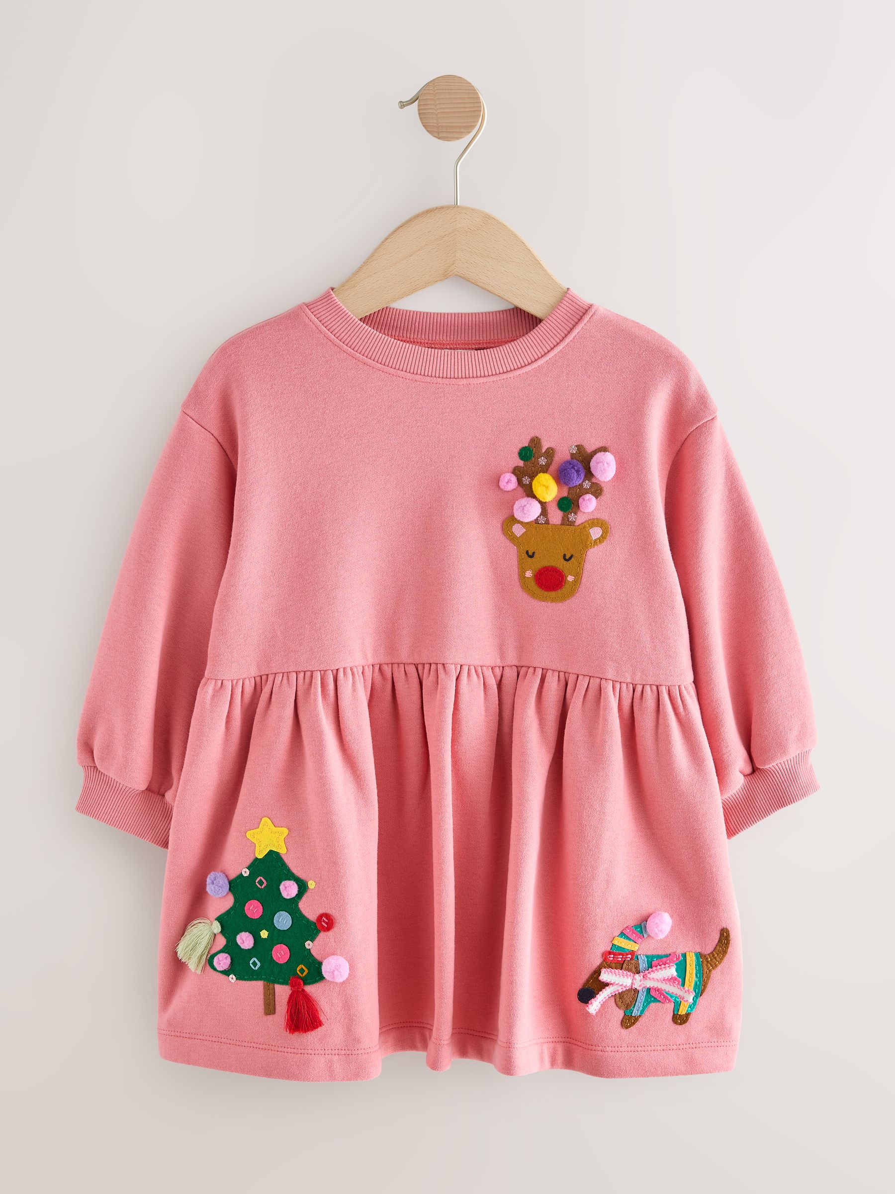 Roze Kerstmis - Sweatjurk met versiering (3mnd-7jr)