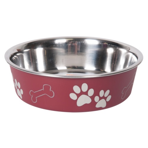 Alimentador de animais de estimação em forma de flamingo vermelho com pegadas.