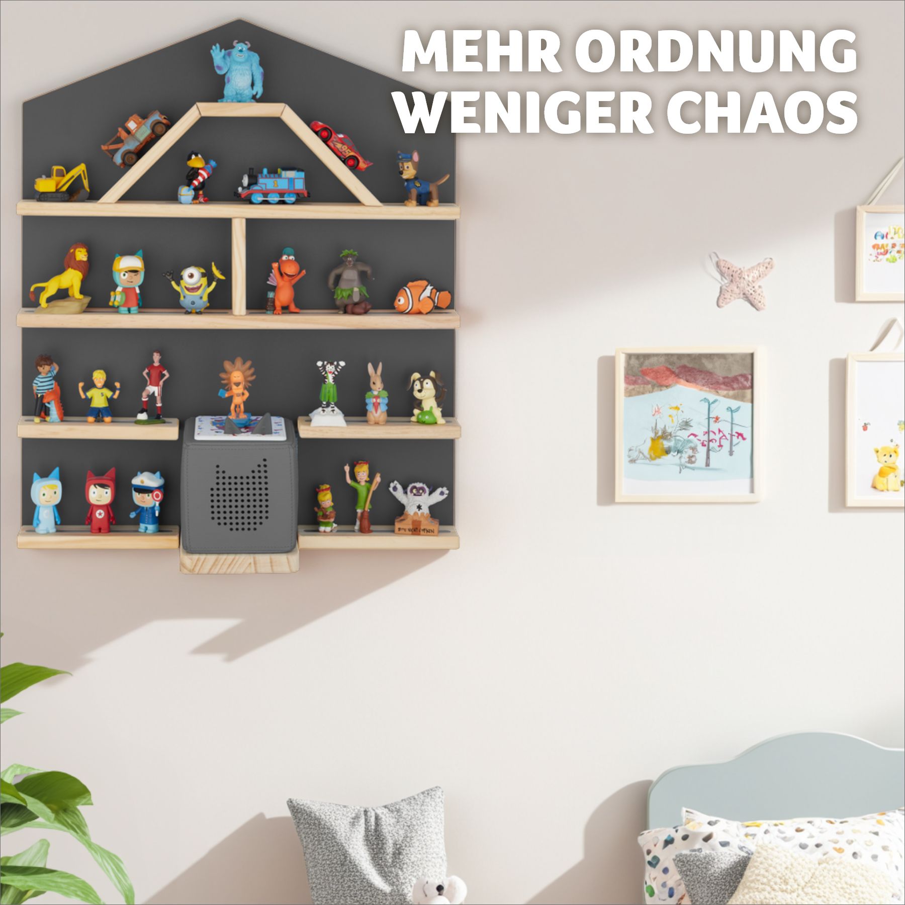 tectake® Wandregal, für bis zu 50 Tonies, abgerundete Ecken, 50 x 15,5 x 60 cm, unsichtbare Aufhängung