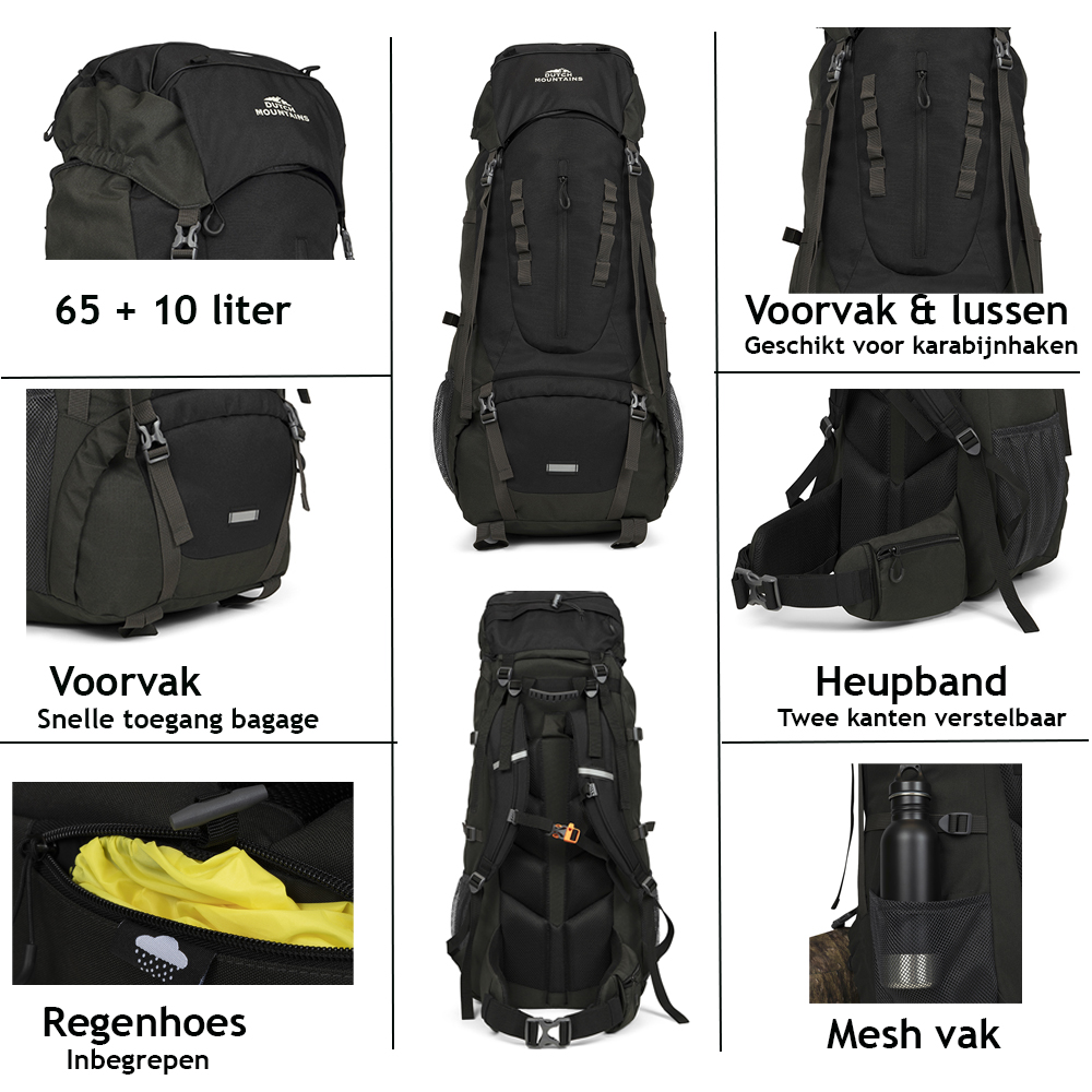 Dutch Mountains 65-75 liter backpack met regenhoes - Black