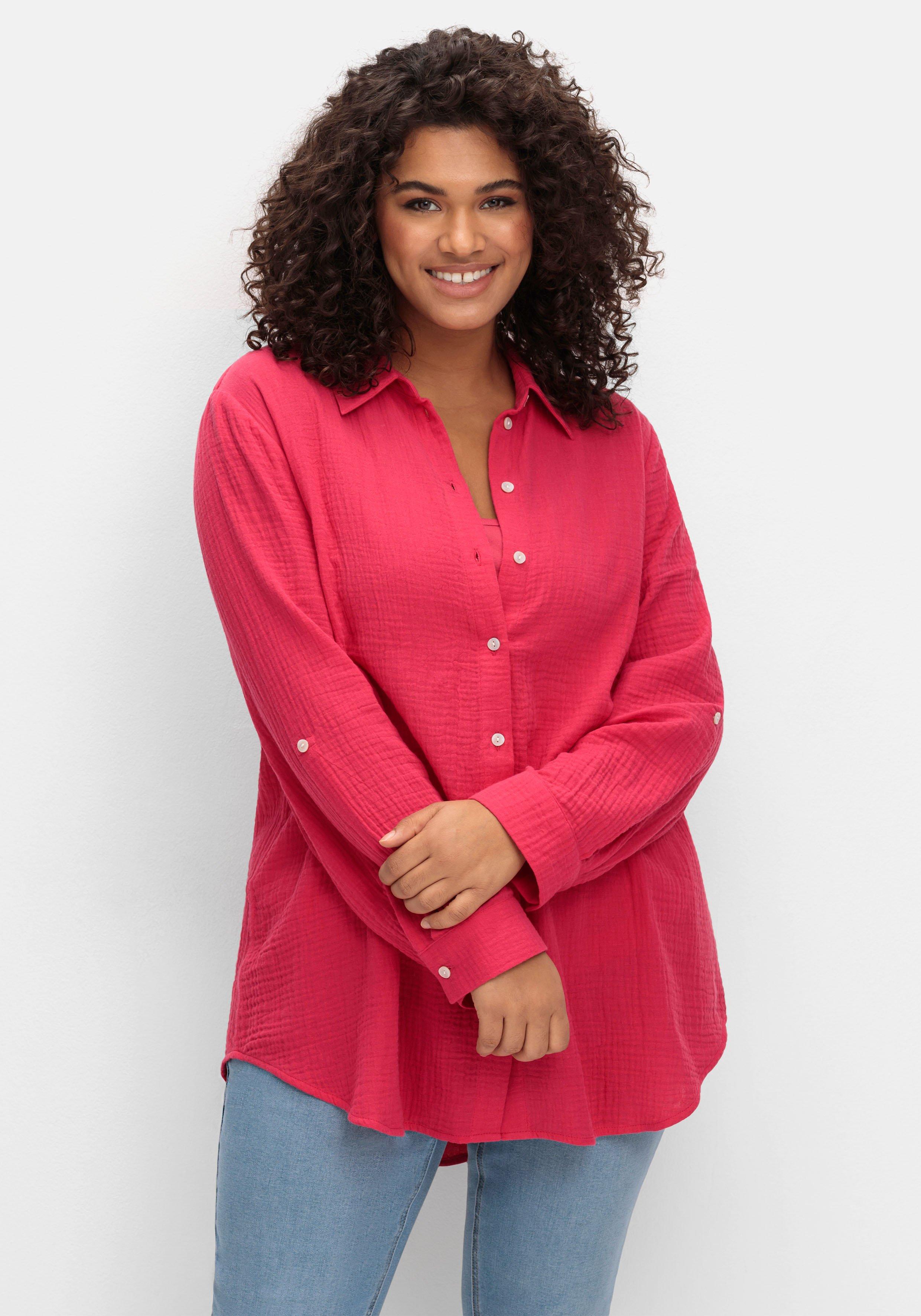 Musselin-Bluse mit Hemdkragen und Krempelärmeln