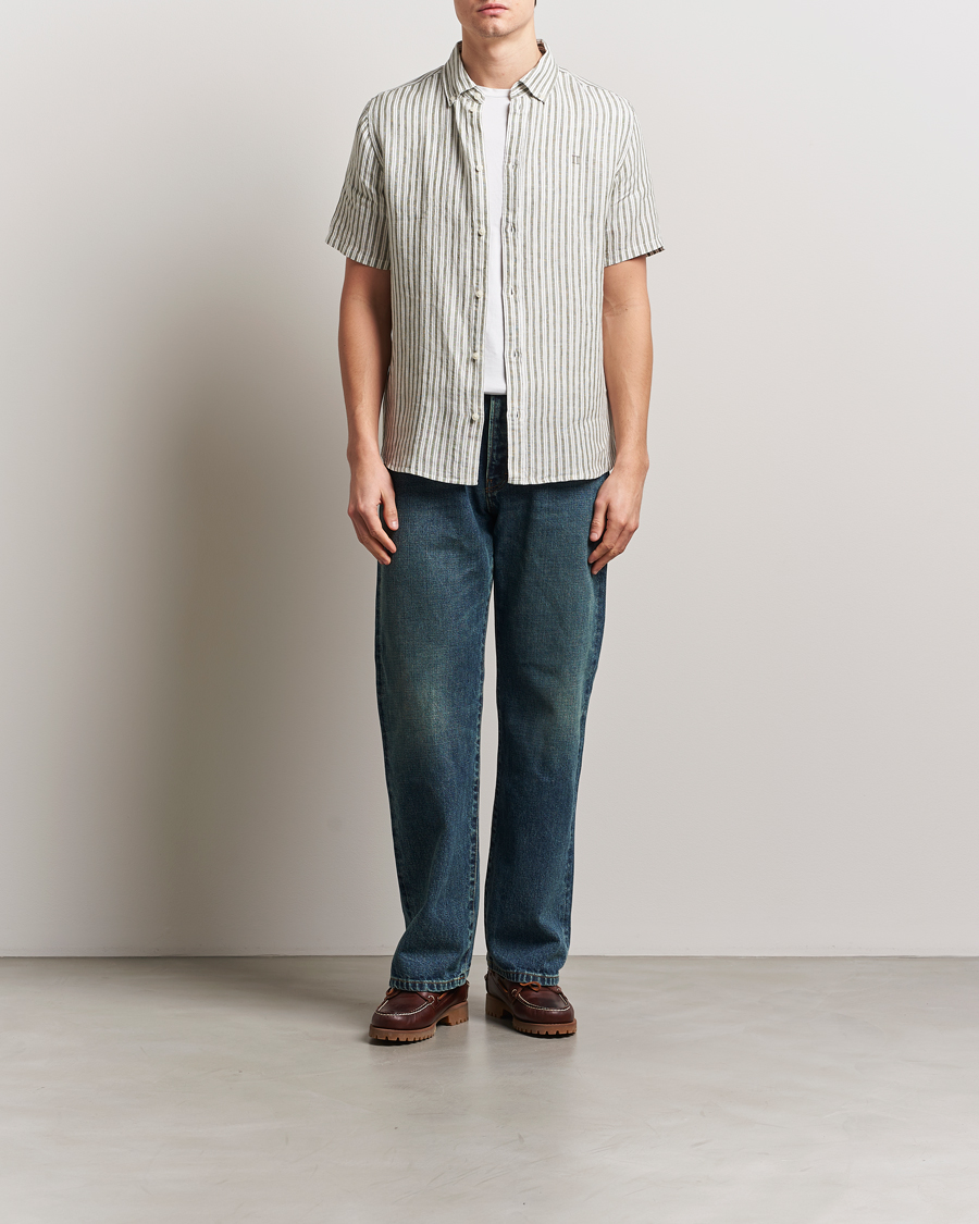 Les Deux Kris Linen Short Sleeve Shirt Ivory/Green