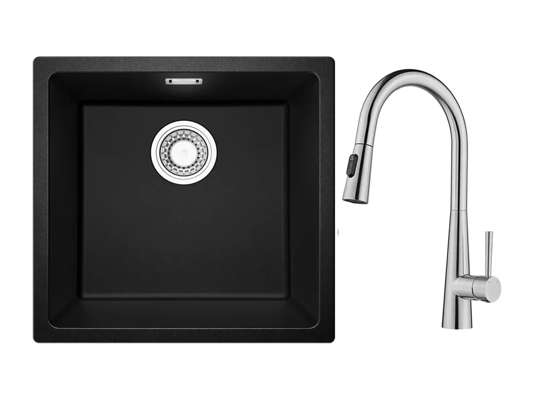 CECIPA MAX Evier 1 Bac en Quartz et Résine Noir Gris 45*44*20cm + Mitigeur de Cuisine avec Douchette Extractible Avec 3 Modes de Sortie D'eau Brossé