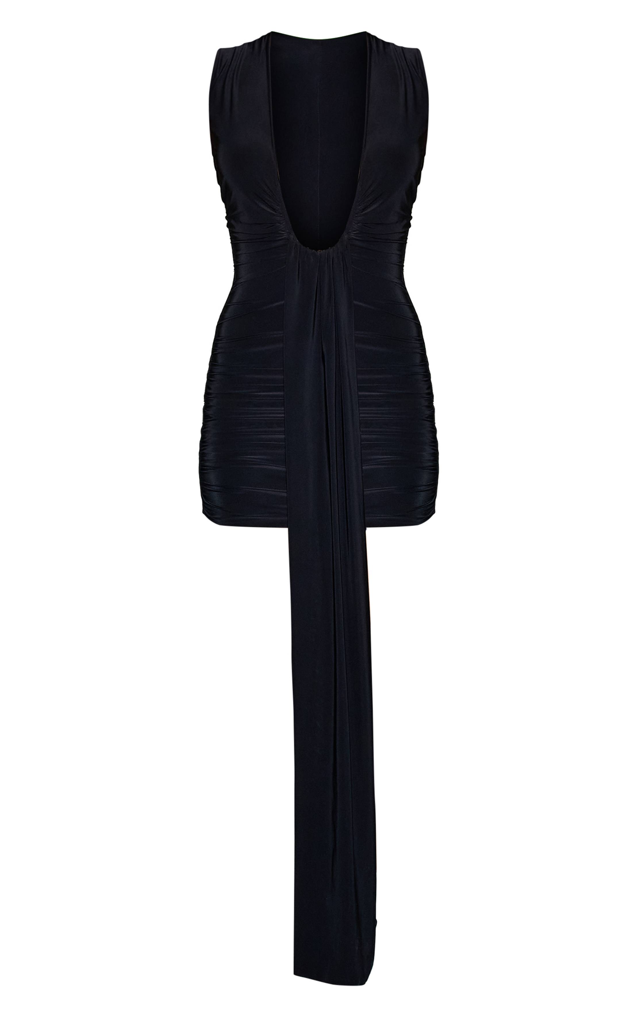 Noir Robe Mini Froncée À Décolleté Plongeant