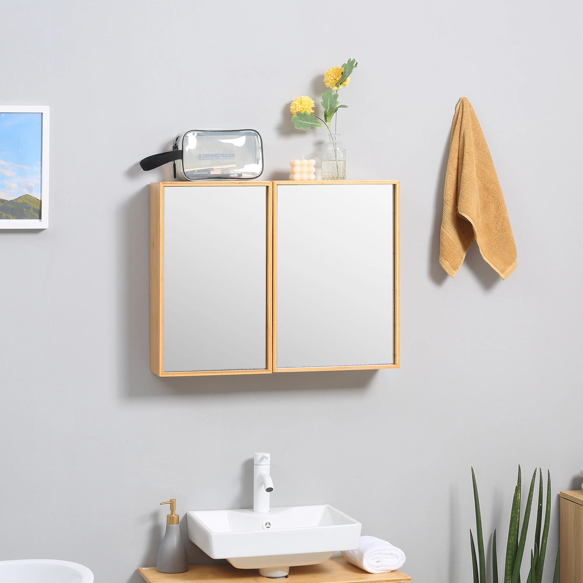 kleankin Spiegelschrank mit Innenregal natur 65,2L x 14B x 50H cm
