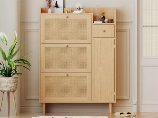 Meuble à chaussures en bois et rotin - 3 portes abattants et 1 tiroir - étagère réglable - Naturel