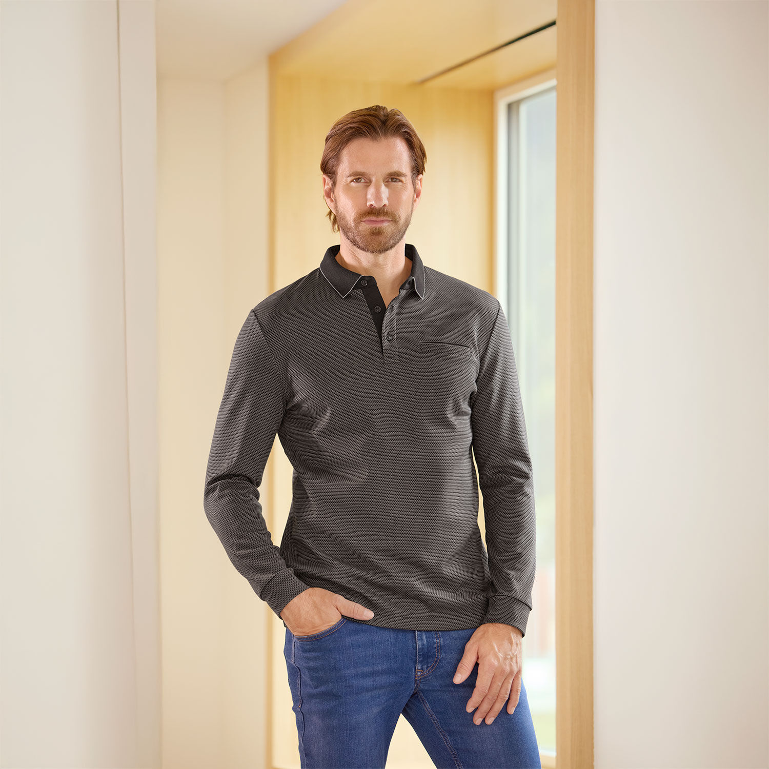 Herren Langarm-Poloshirt mit Brusttasche