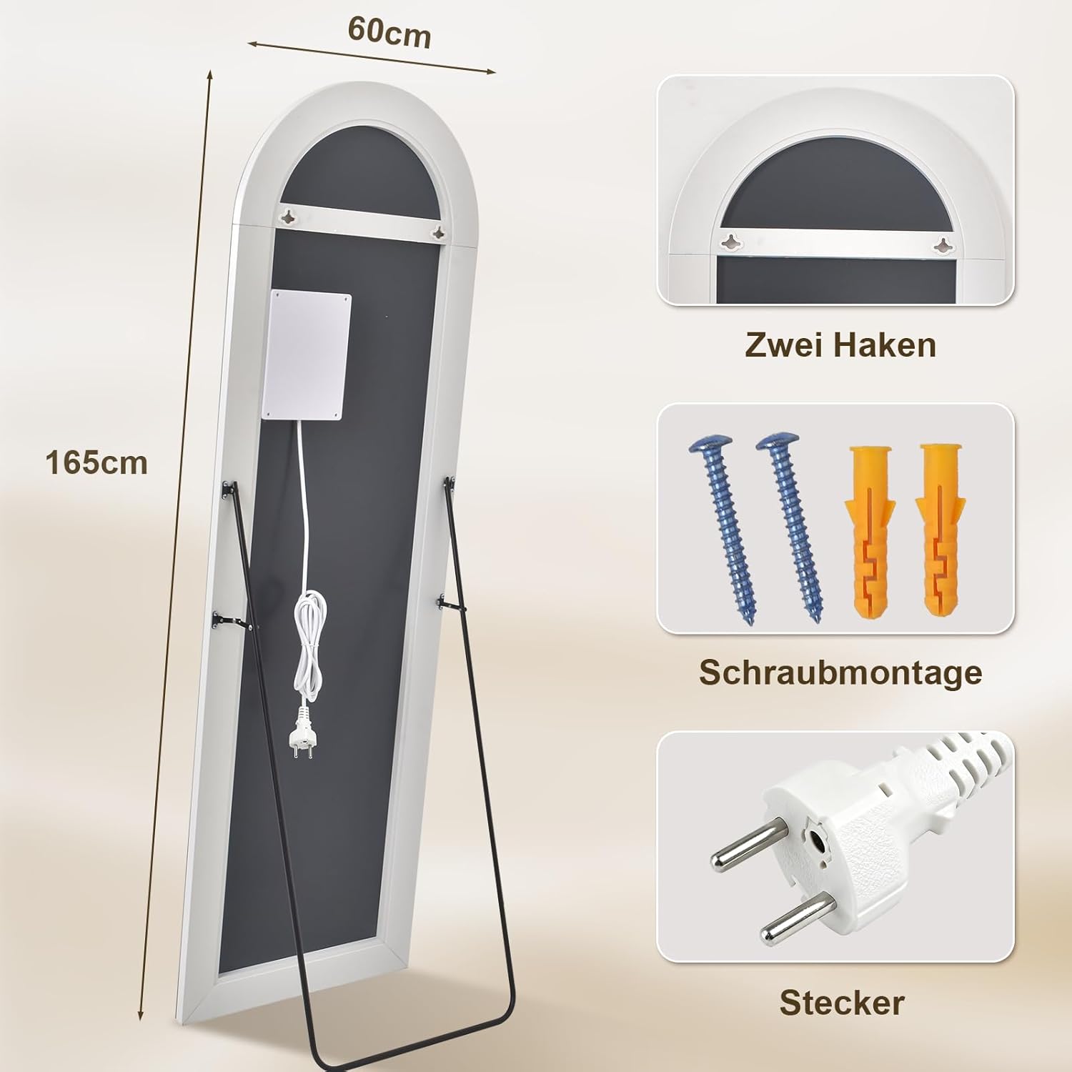 Koonmi 165x60cm LED Ganzkörperspiegel mit Licht - Bogenförmiger Stand und Anlegespiegel - Dimmbar, 3 Farbtemperaturen für Schlafzimmer, Ankleidezimmer