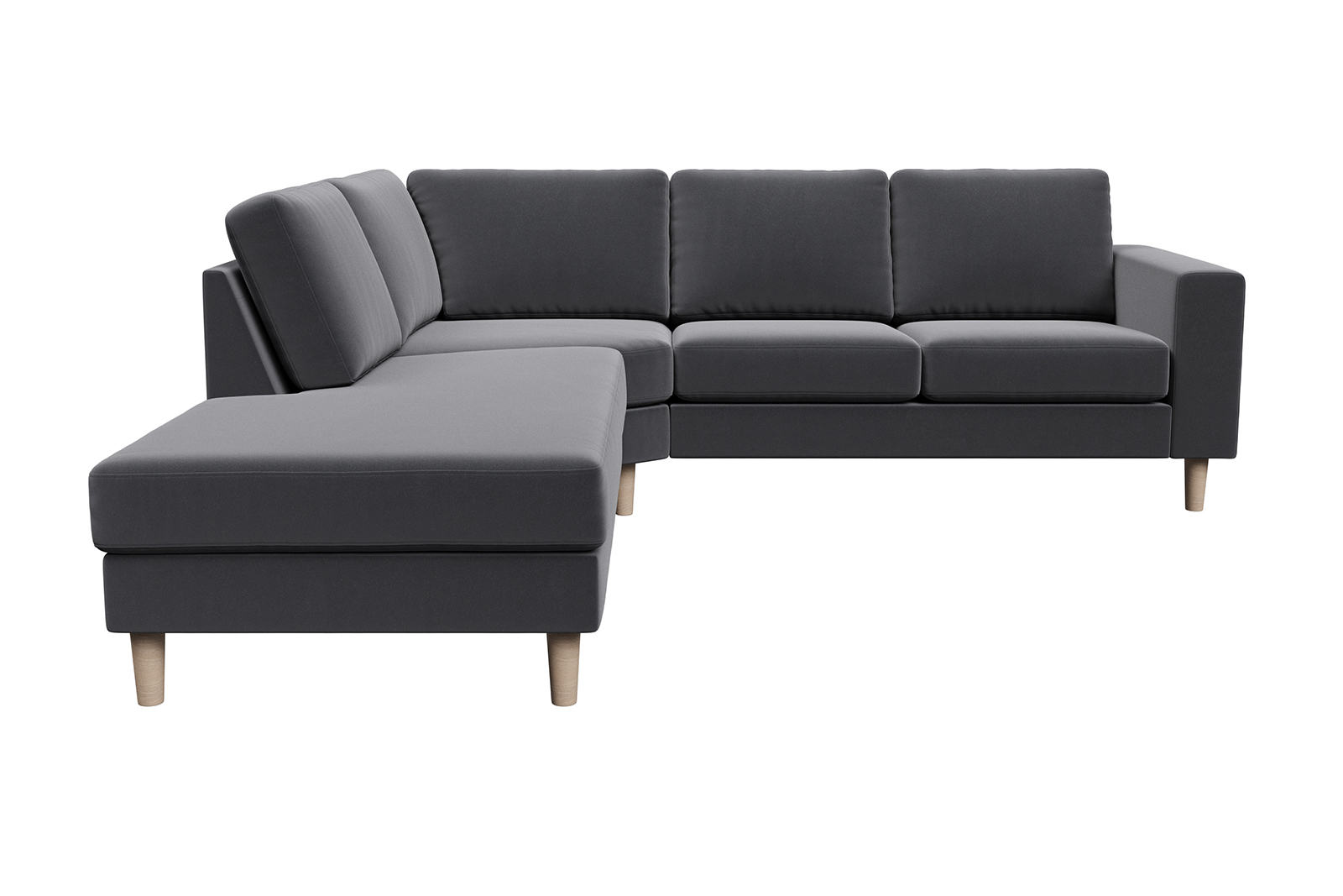 Hedda sofa Hjørnesofa 2,5-seter åpen ende venstre i tekstil Matt Velvet 97 grey, arm F 18 cm og ben 1 hvitoljet eik.