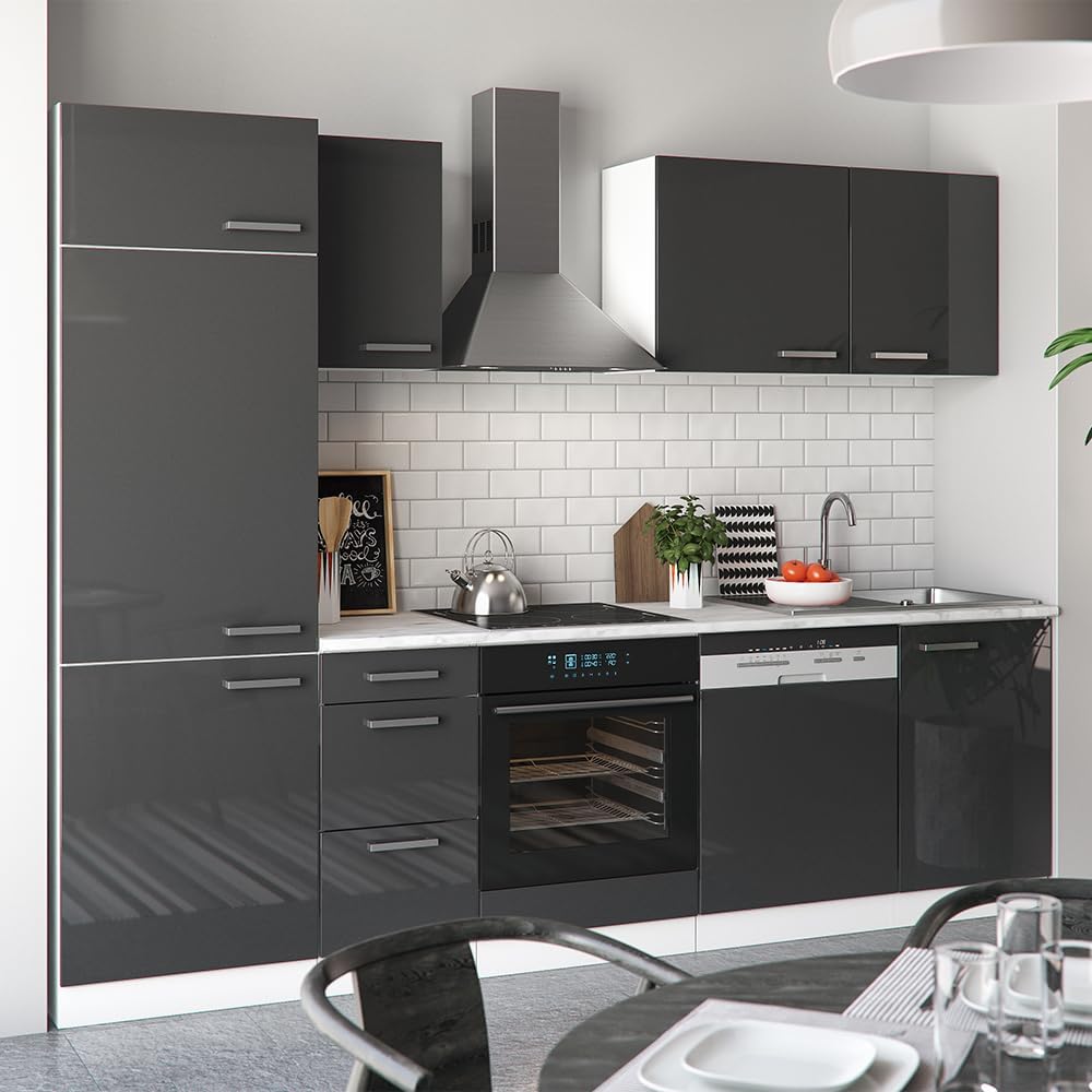 Vicco Küchenzeile Optima, Anthrazit Hochglanz/Weiß, 270 cm ohne Arbeitsplatte mit LED-Leisten