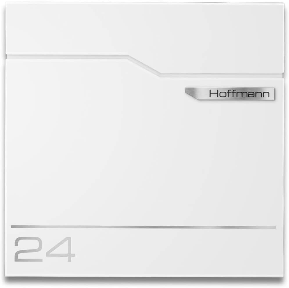 Metzler Exklusiver Briefkasten in Verkehrsweiß RAL 9016 Hoffmann - Wandbriefkasten in Weiß mit V2A Edelstahl-Namensschild - Postkasten inkl. Zeitungsfach - Größe: 37 x 37 x 10,5 cm