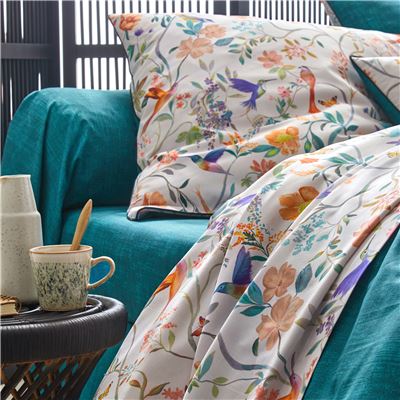 Linge de lit percale imprimé fleurs et oiseaux - BECQUET CRÉATION