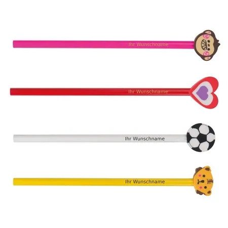 Macma Bleistifte mit Motiv Radierer, HB, 4 Stück je 1x Herz, Fußball, Teddy und Affe