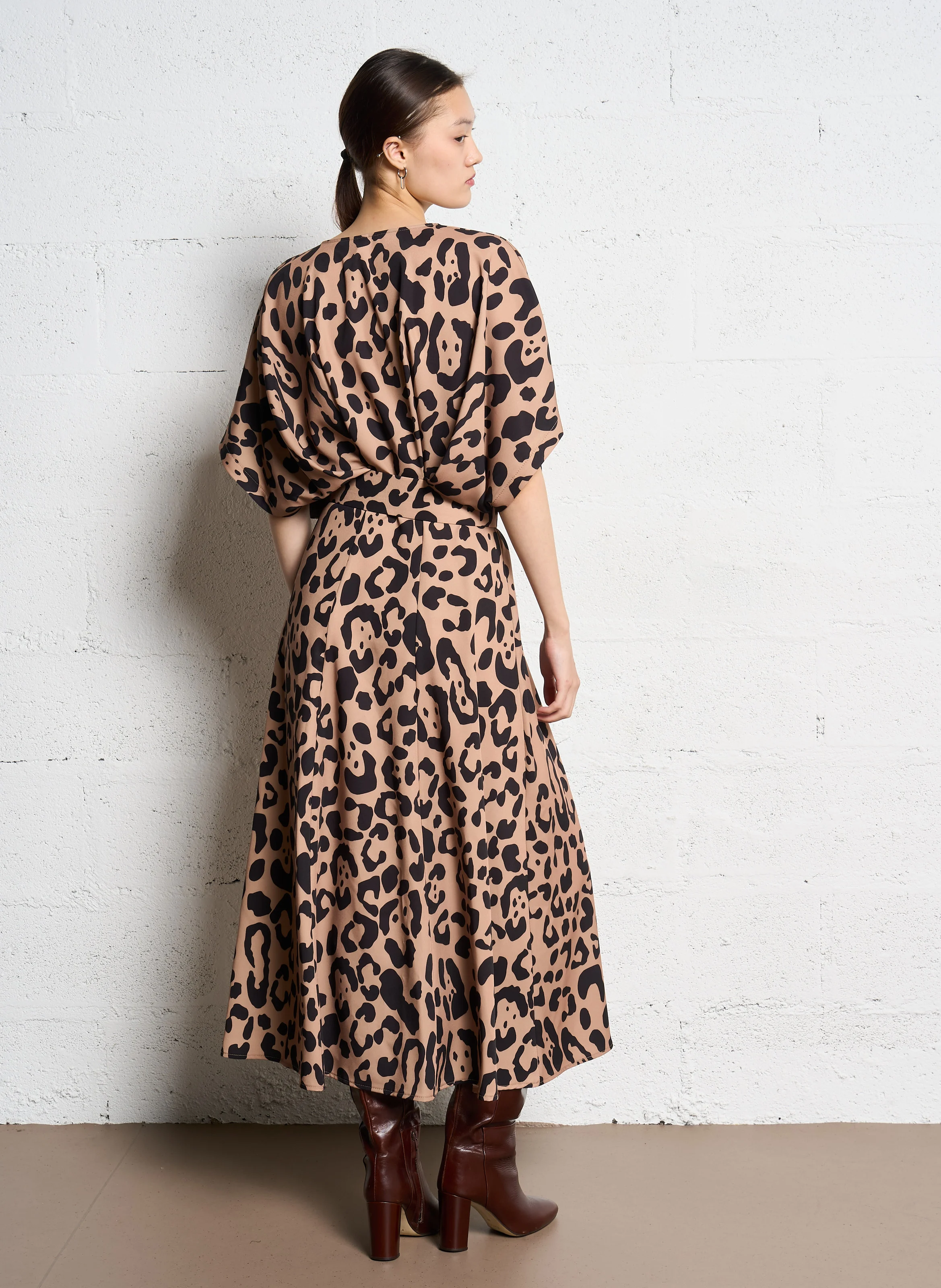 Robe midi col rond imprimé | Multicolore