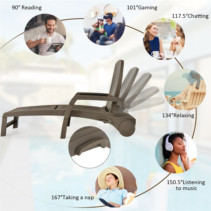 Outdoor Chaise Lounge Chair 6-Position Adjustable Patio Recliner with Wheels