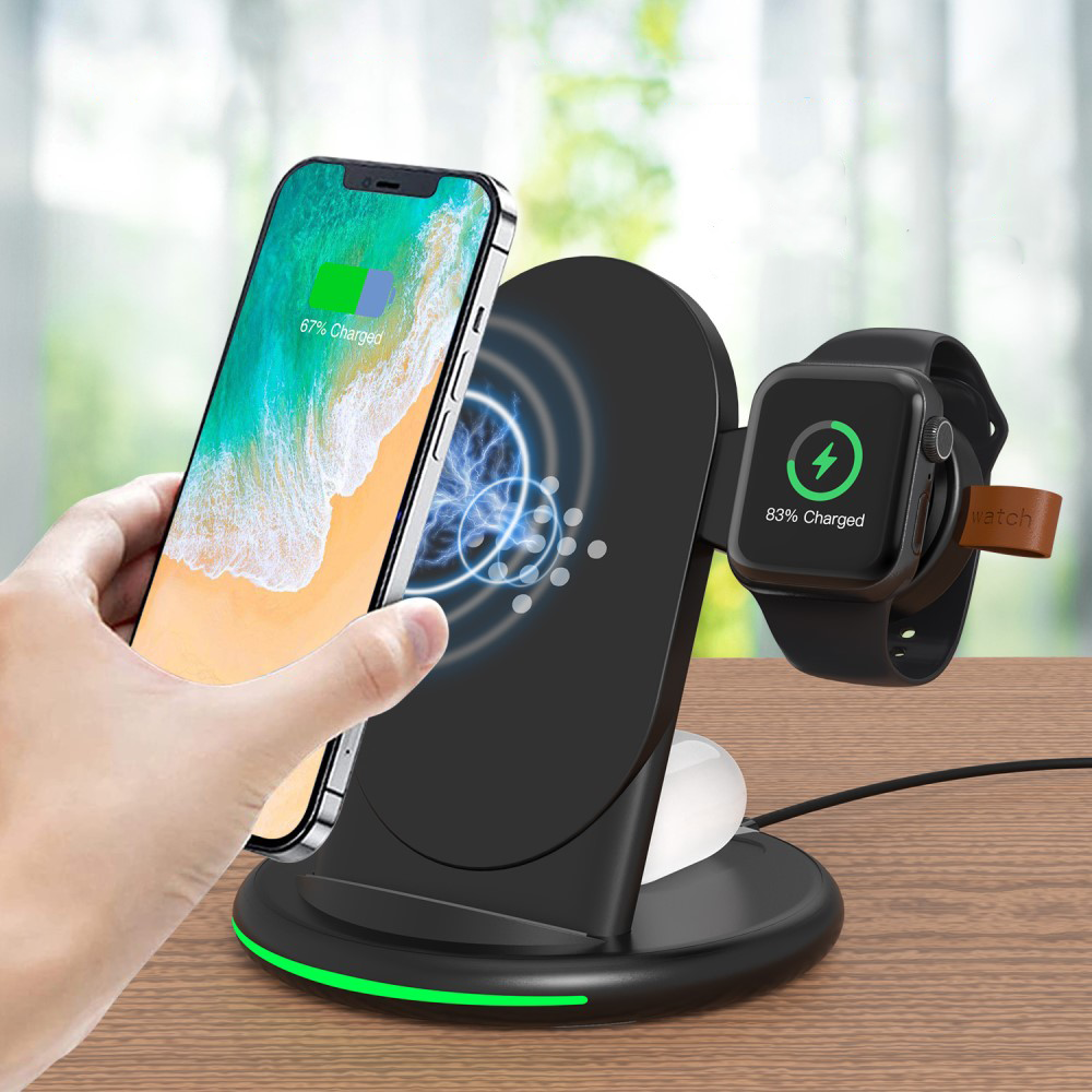 (15W) 3in1 Magnetischer Qi Wireless Charger für Apple Watch / Smartphone / AirPods Dockingstation - Schwarz